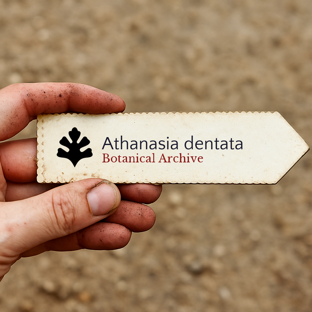 Printed plant label for Athanasia dentata held by hand with dirt background