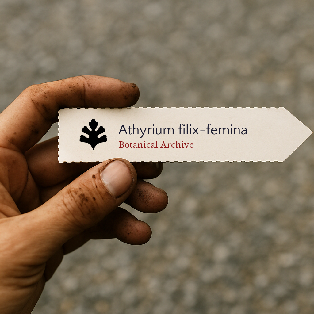Etichetta stampata per pianta di Athyrium filix-femina tenuta da una mano sporca all'aperto