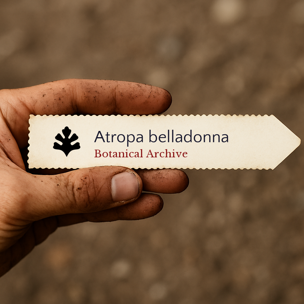 Etichetta vegetale stampata per Atropa belladonna tenuta a mano con terra sulle dita
