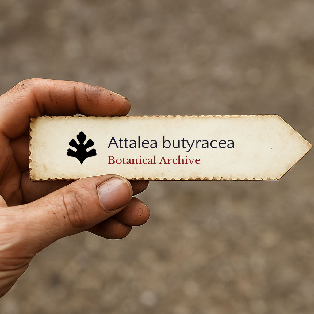 Printed plant label for Attalea butyracea with botanical archive logo in hand