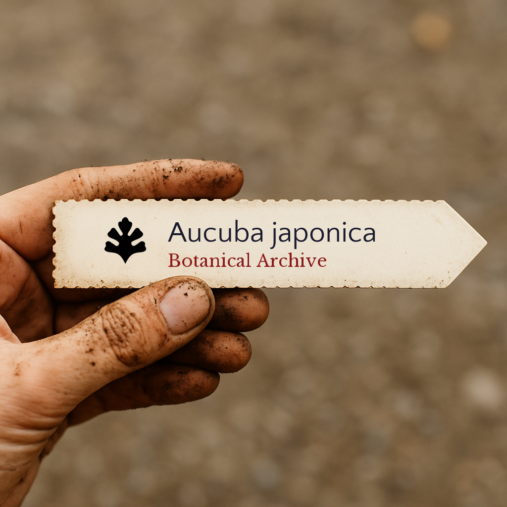 Etichetta stampata per pianta di Aucuba japonica tenuta da mano sporca con sfondo sfocato