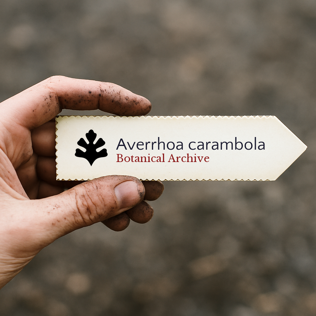 Printed plant label for Averrhoa carambola held by dirty hand outdoors