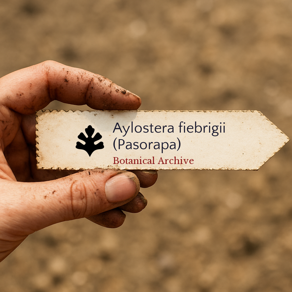 Printed plant label for Aylostera fiebrigii (Pasorapa) held by dirty hand outdoors