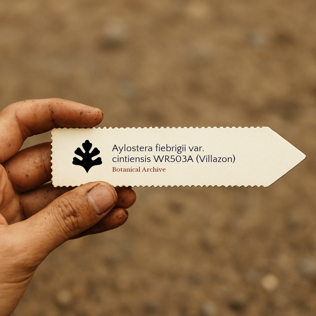 Printed plant label for Aylostera fiebrigii var. cintiensis WR503A held by hand outdoors