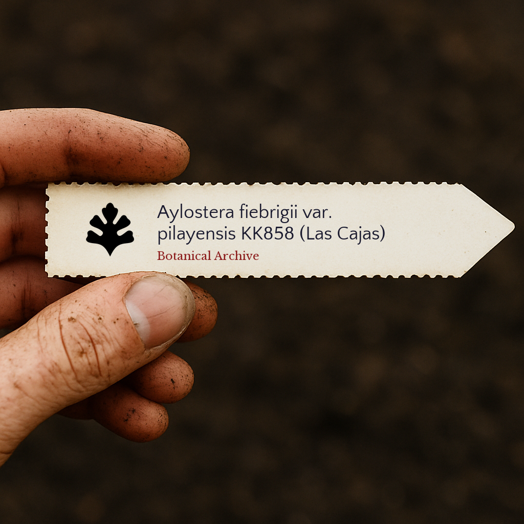 Printed plant label for Aylostera fiebrigii var. pilayensis held by dirty hand outdoors