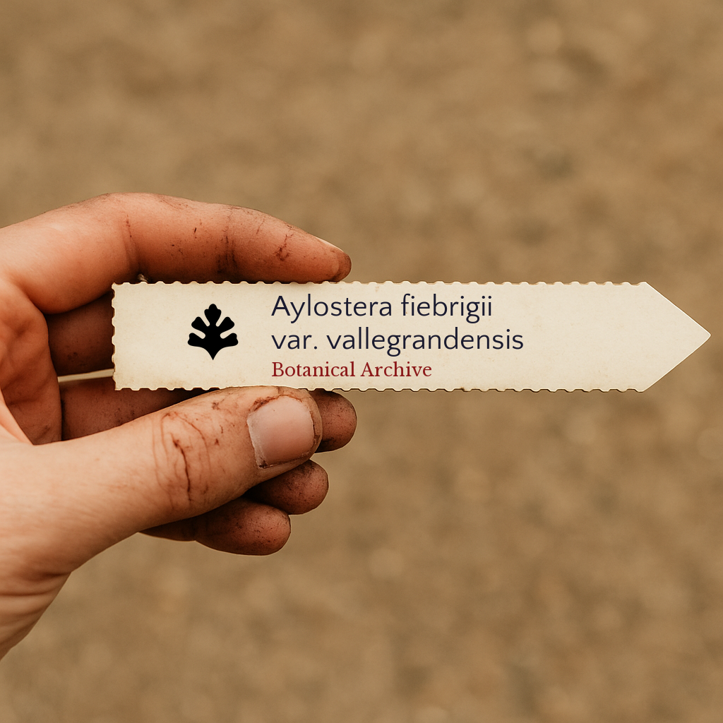 Printed plant label for Aylostera fiebrigii var. vallegrandensis held in hand with soil background