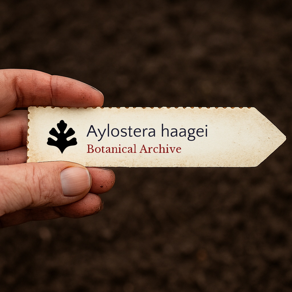 Printed plant label for Aylostera haagei held over soil background