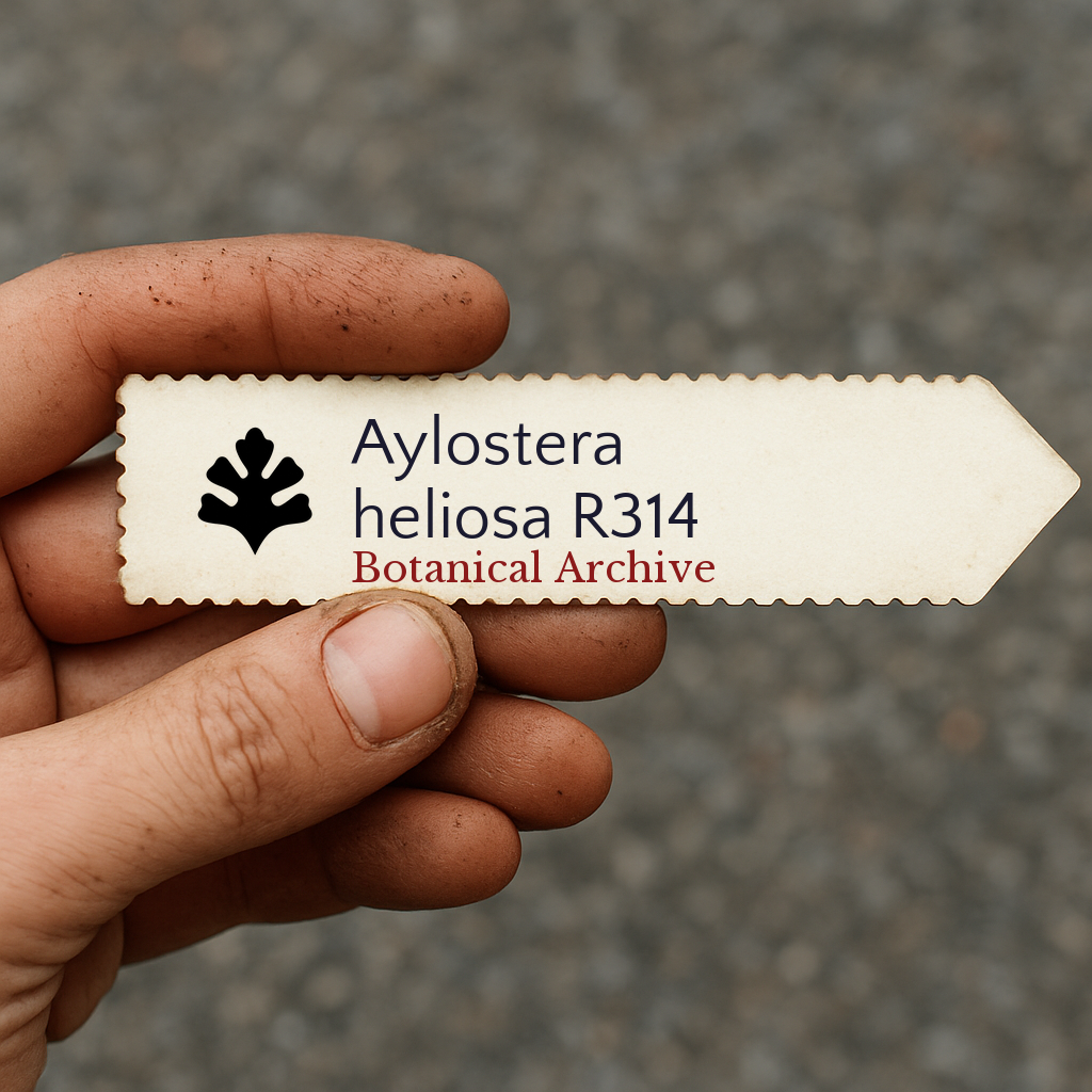 Printed plant label for Aylostera heliosa R314 held by dirty hand outdoors