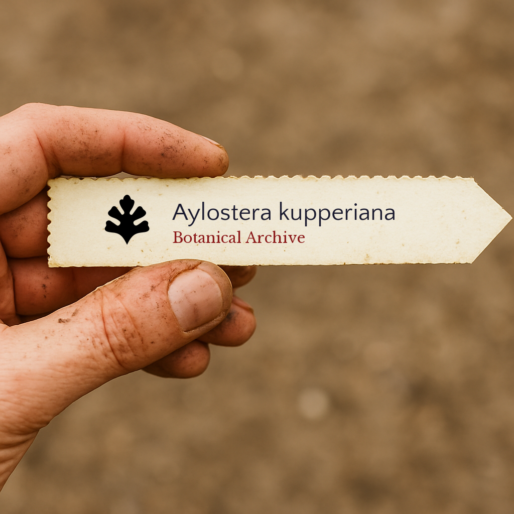 Printed plant label for Aylostera kupperiana held by hand with blurred soil background