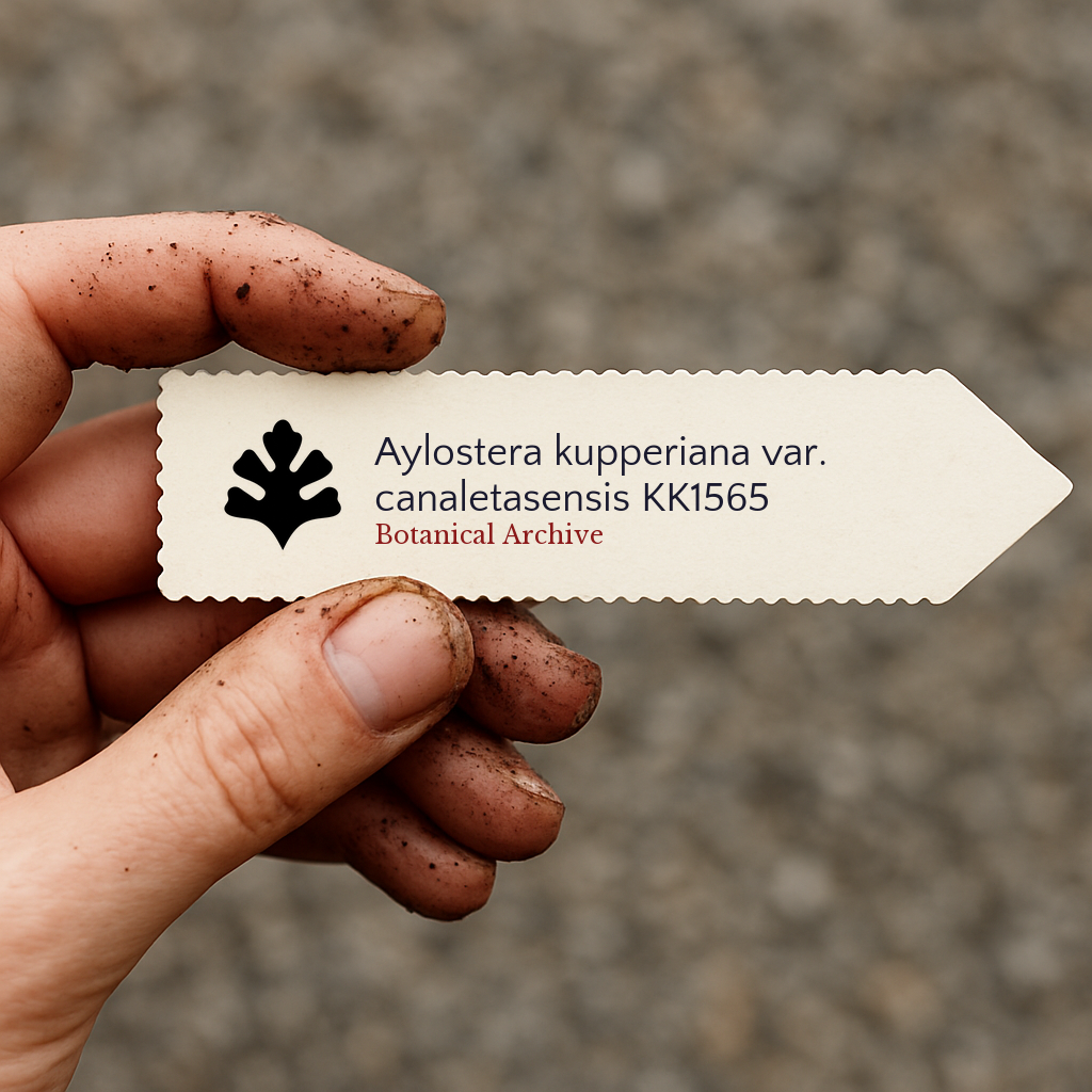 Printed plant label for Aylostera kupperiana var. canaletasensis held by dirty hand outdoors