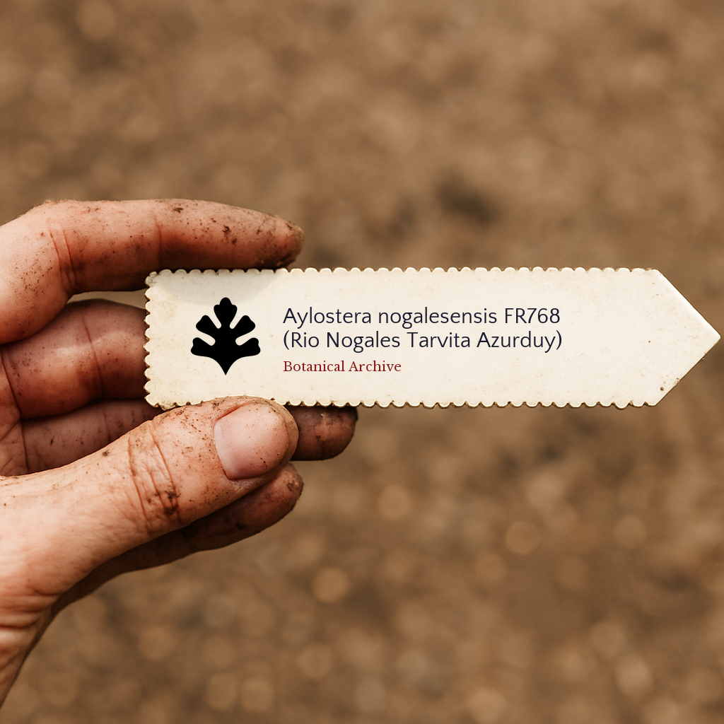 Printed plant label for Aylostera nogalesensis FR768 held by dirty hand outdoors