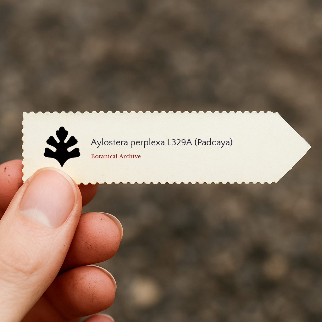 Printed plant label for Aylostera perplexa with botanical archive logo held by hand