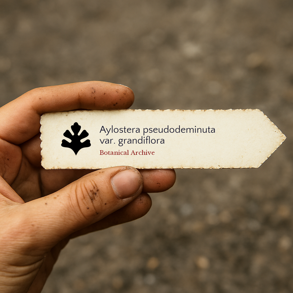 Printed plant label for Aylostera pseudodeminuta var. grandiflora held in hand with dirt background
