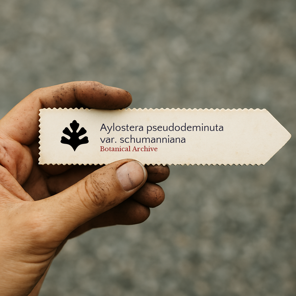 Printed plant label for Aylostera pseudodeminuta var. schumanniana held by dirty hand