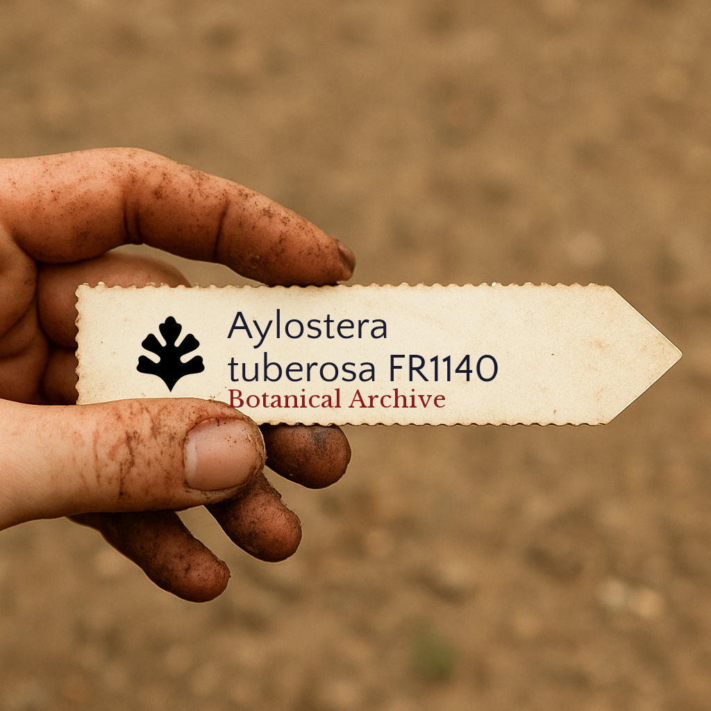 Etichetta stampata per pianta di Aylostera tuberosa FR1140 tenuta da mano sporca all'aperto