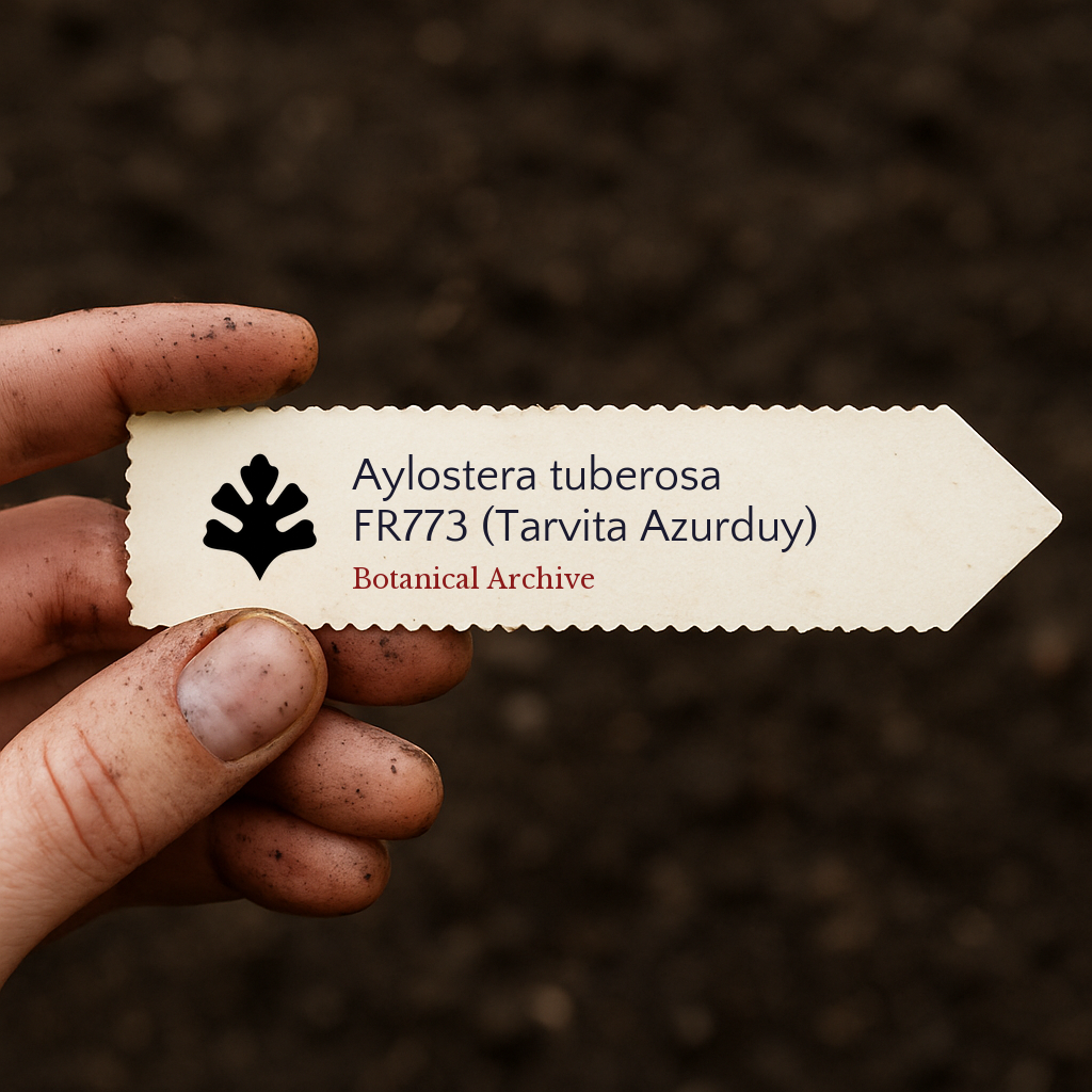Etichetta stampata per pianta di Aylostera tuberosa FR773 (Tarvita Azurduy) tenuta da mano sporca