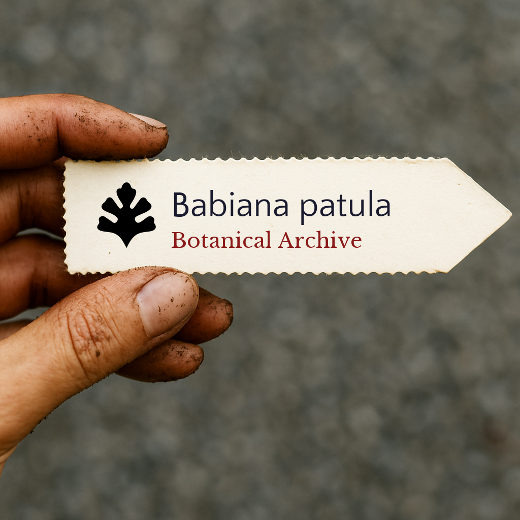 Printed plant label for Babiana patula held by dirty hand against blurred background