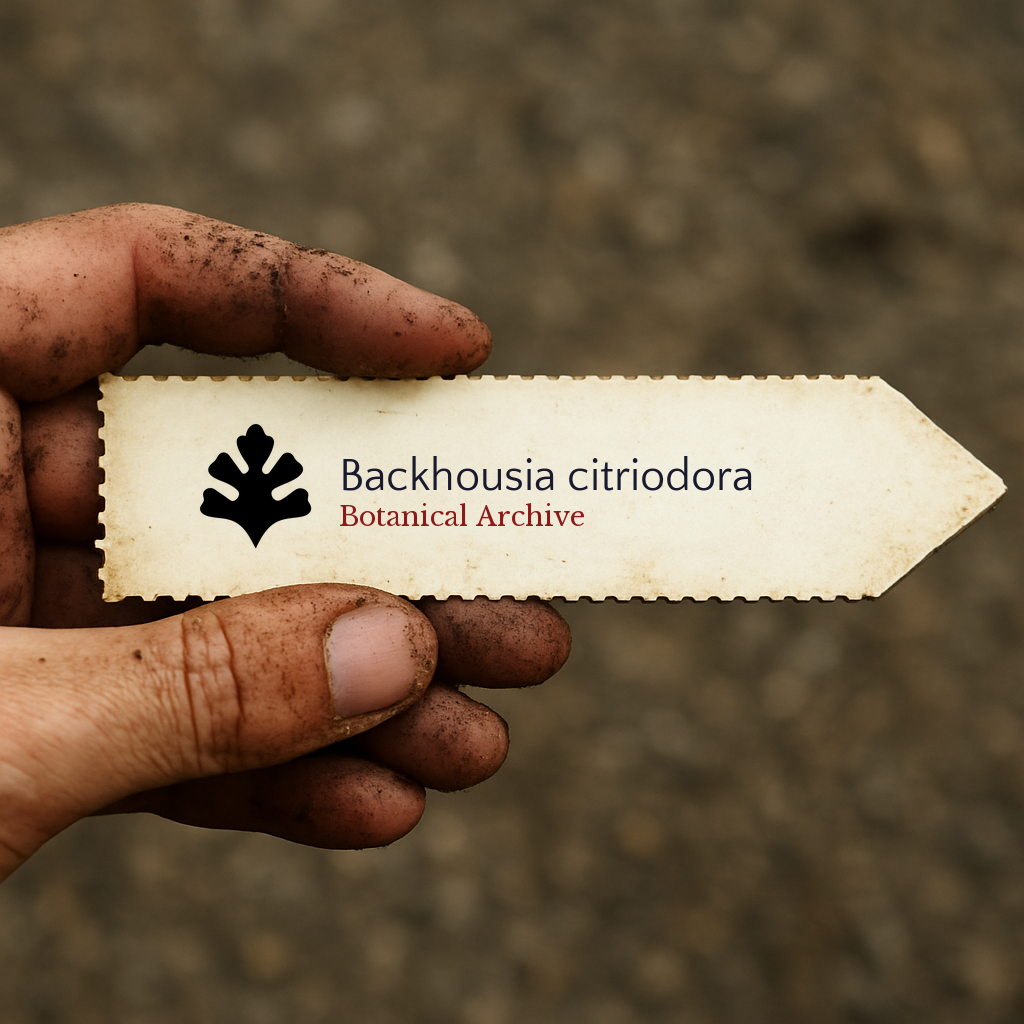 Etichetta stampata per pianta di Backhousia citriodora tenuta da mano sporca all'aperto
