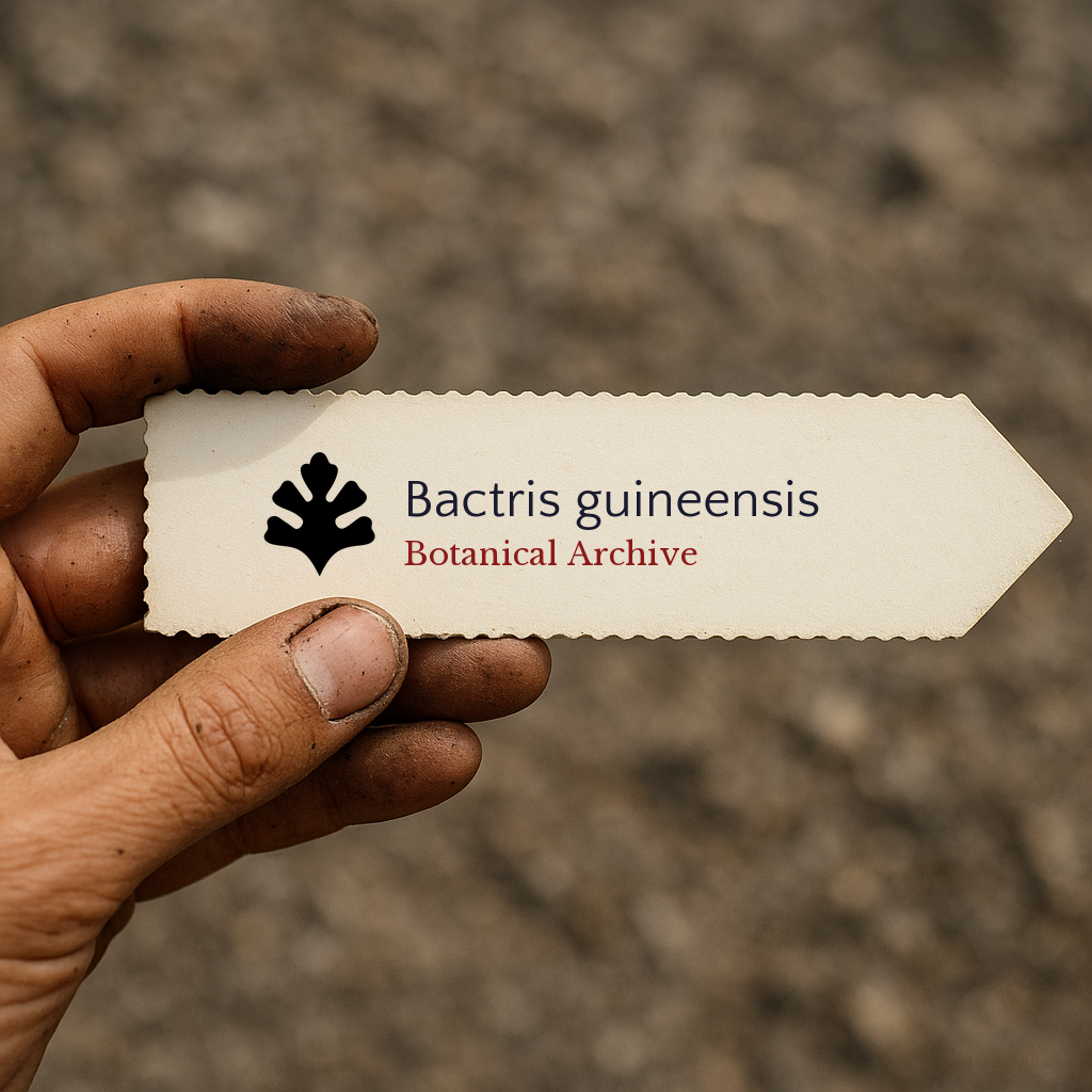 Printed plant label for Bactris guineensis held by dirty hand outdoors