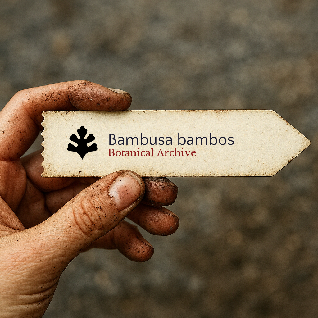 Printed plant label for Bambusa bambos held by dirty hand against blurred background