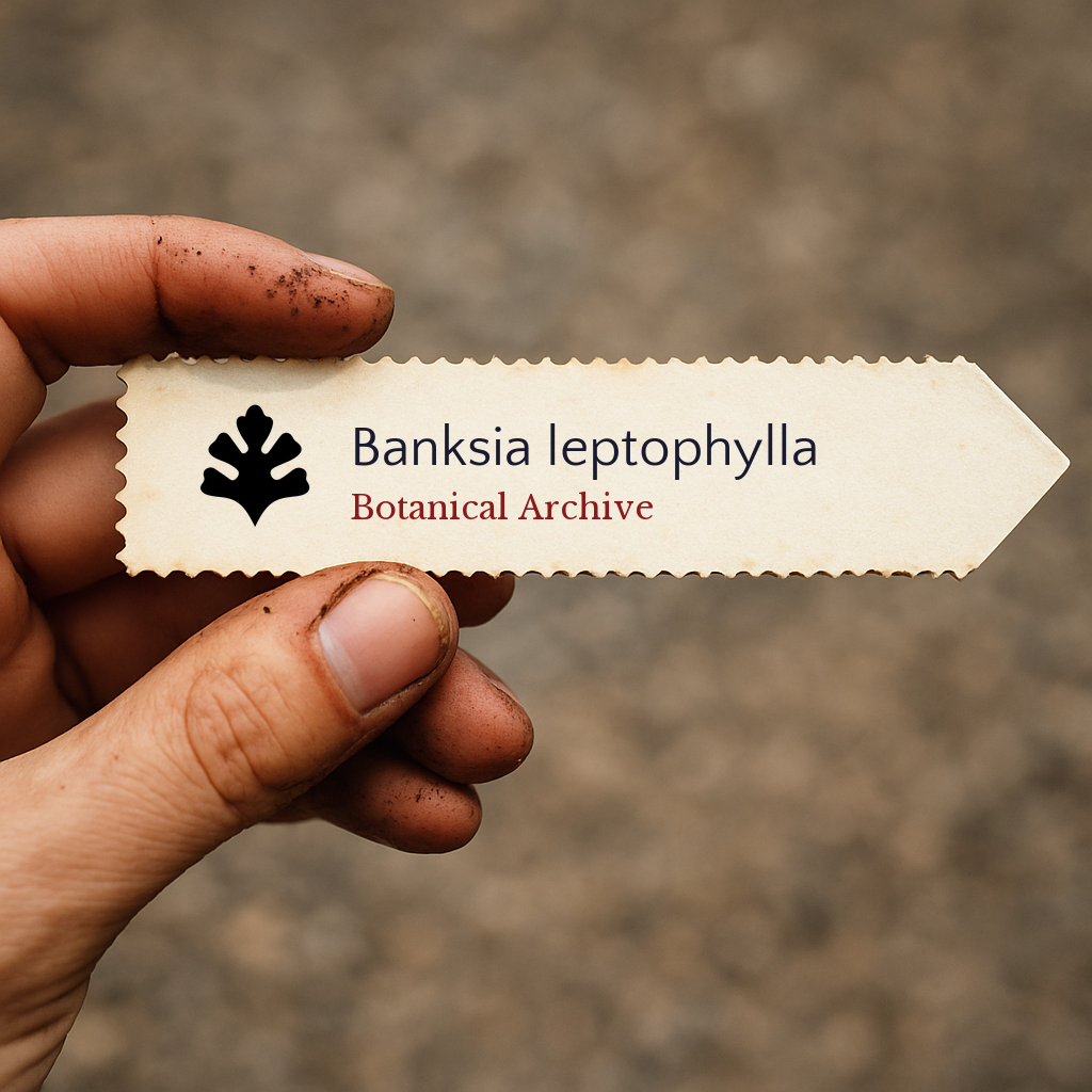 Etichetta per pianta stampata per Banksia leptophylla tenuta da mano sporca all'aperto