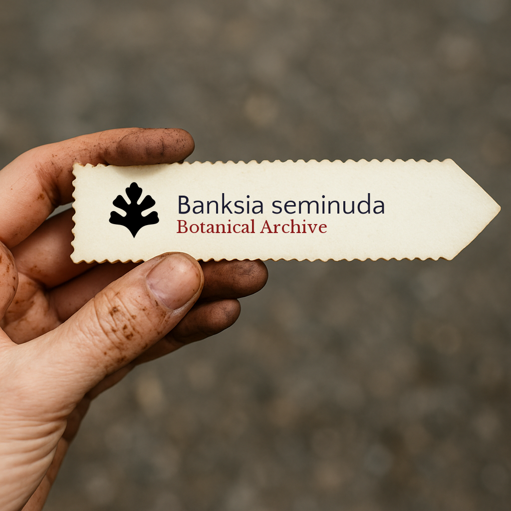 Etichetta per pianta stampata per Banksia seminuda tenuta da mano sporca all'aperto