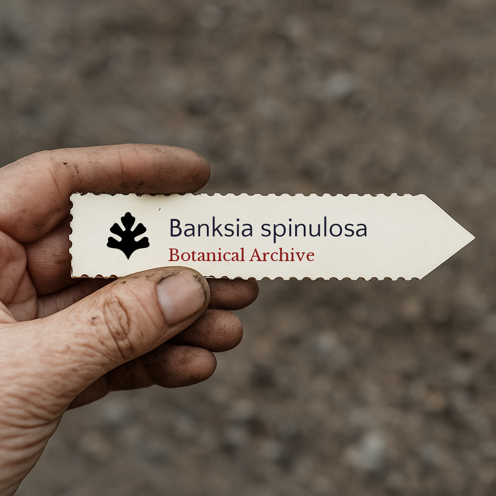 Etichetta pianta stampata per Banksia spinulosa tenuta a mano con sfondo di terra