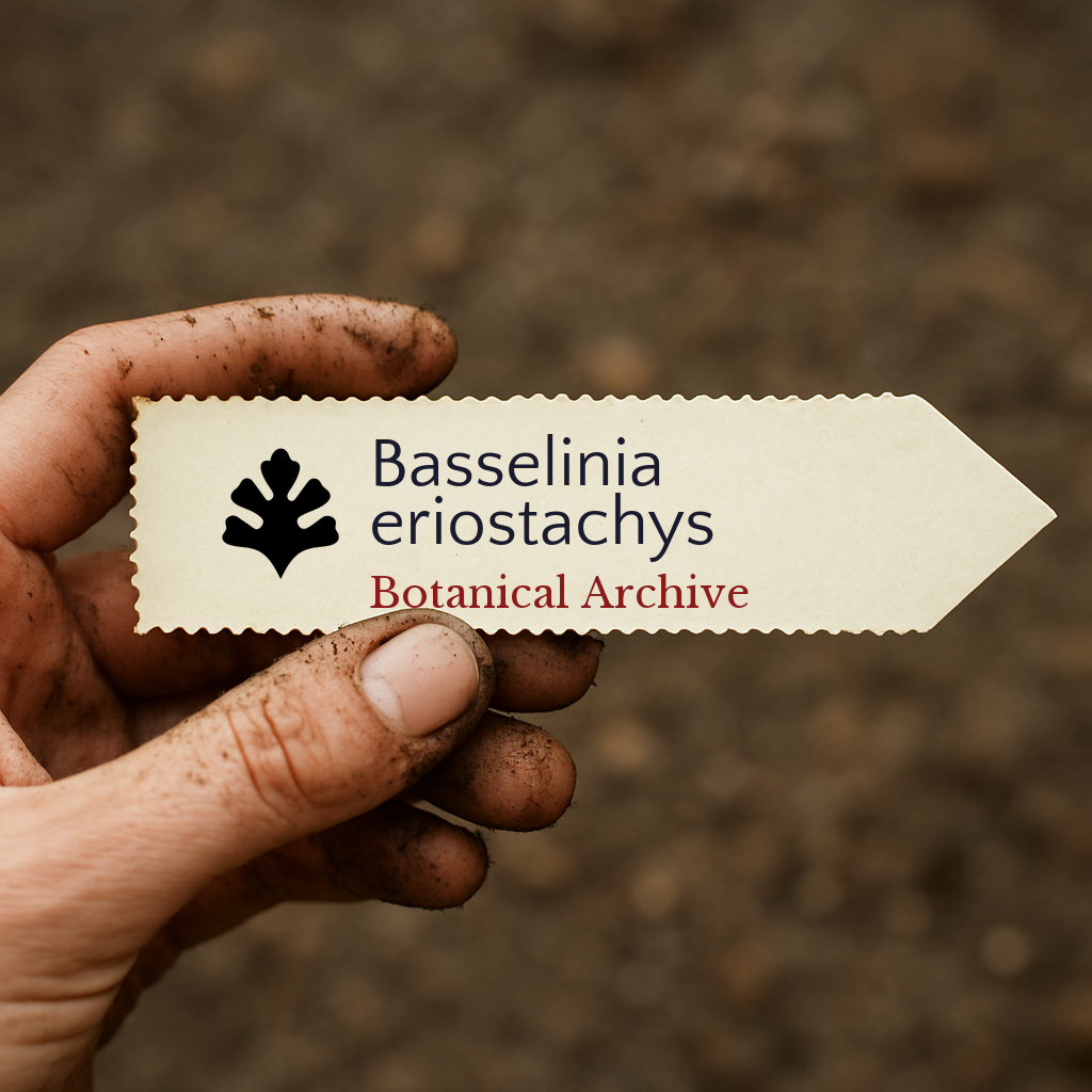 Etichetta stampata per pianta di Basselinia eriostachys tenuta da mano sporca su sfondo di terra