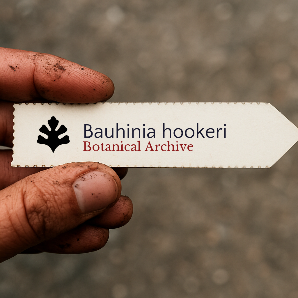 Printed plant label for Bauhinia hookeri held by dirty hand outdoors