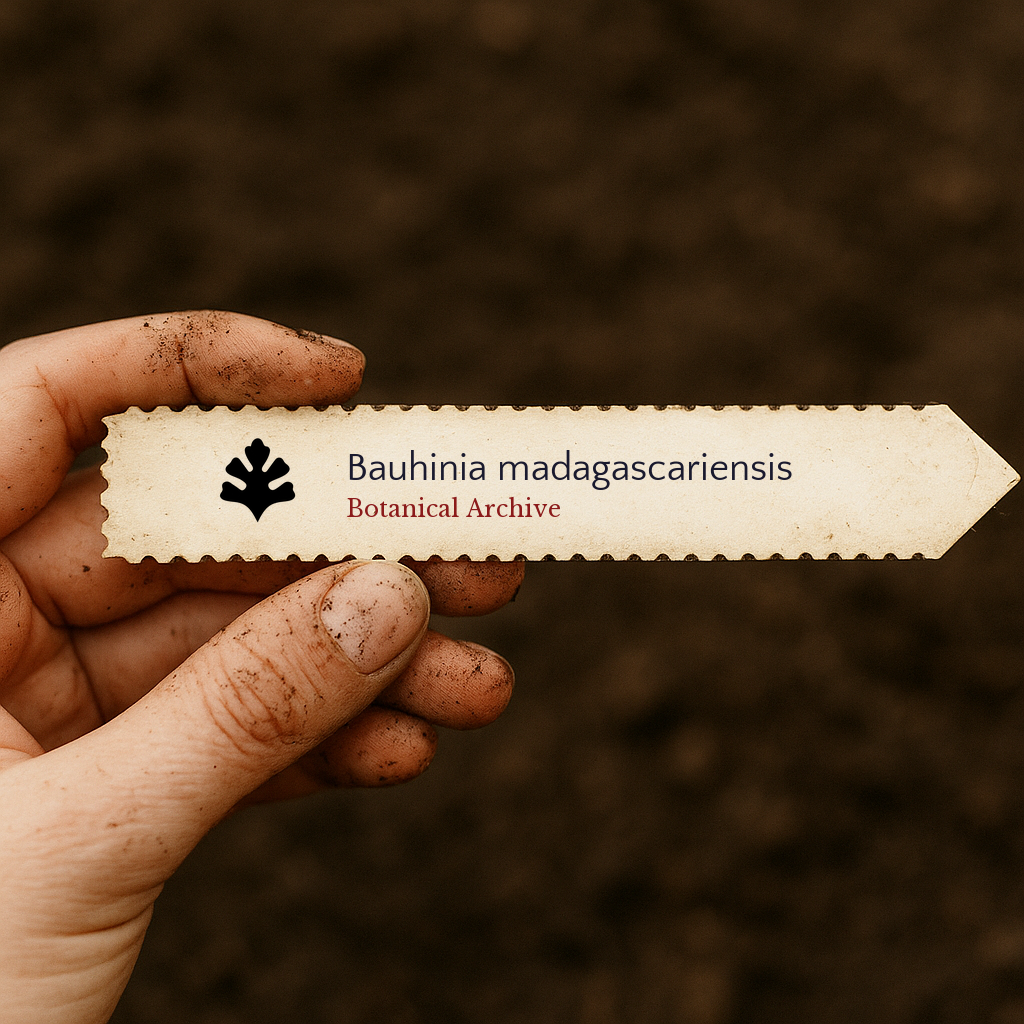 Printed plant label for Bauhinia madagascariensis held by hand with soil background