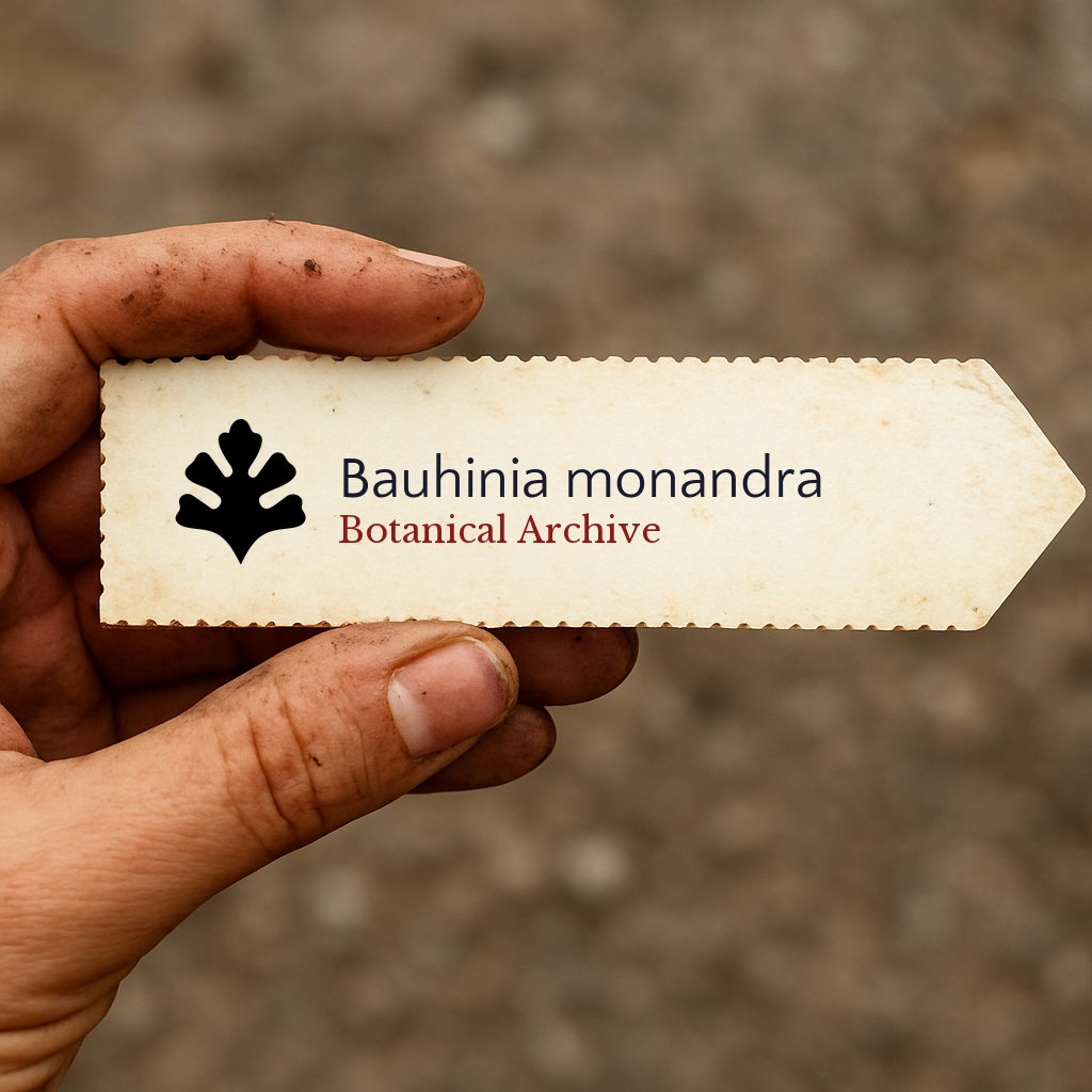 Printed plant label for Bauhinia monandra held by hand with dirt background