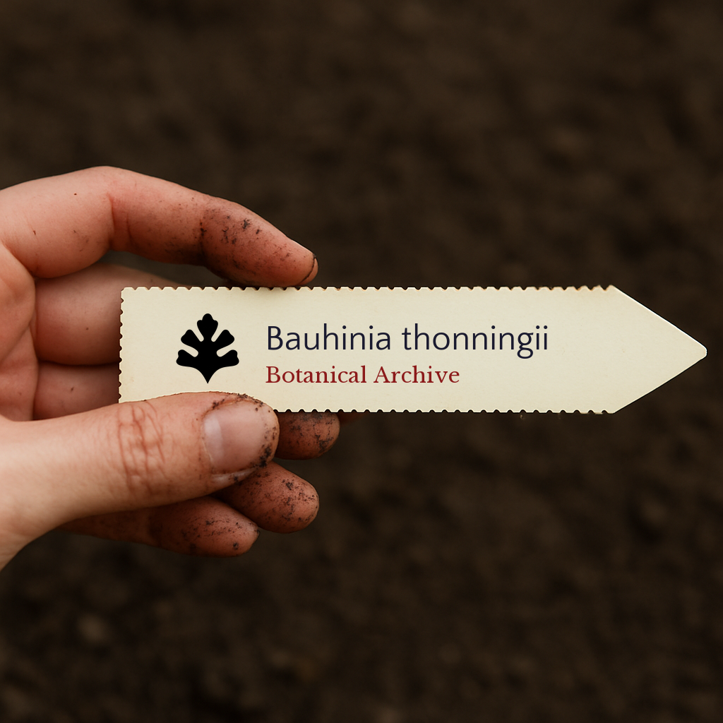 Printed plant label for Bauhinia thonningii held by hand with soil background