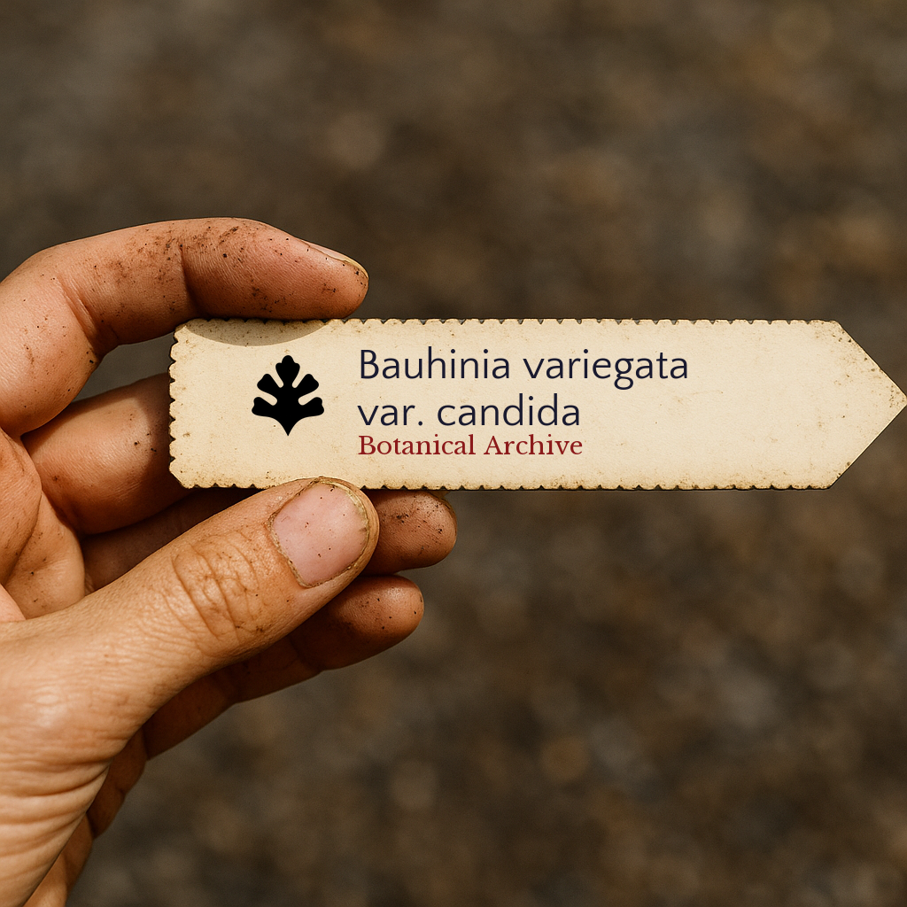 Printed plant label for Bauhinia variegata var. candida held in dirty hand outdoors