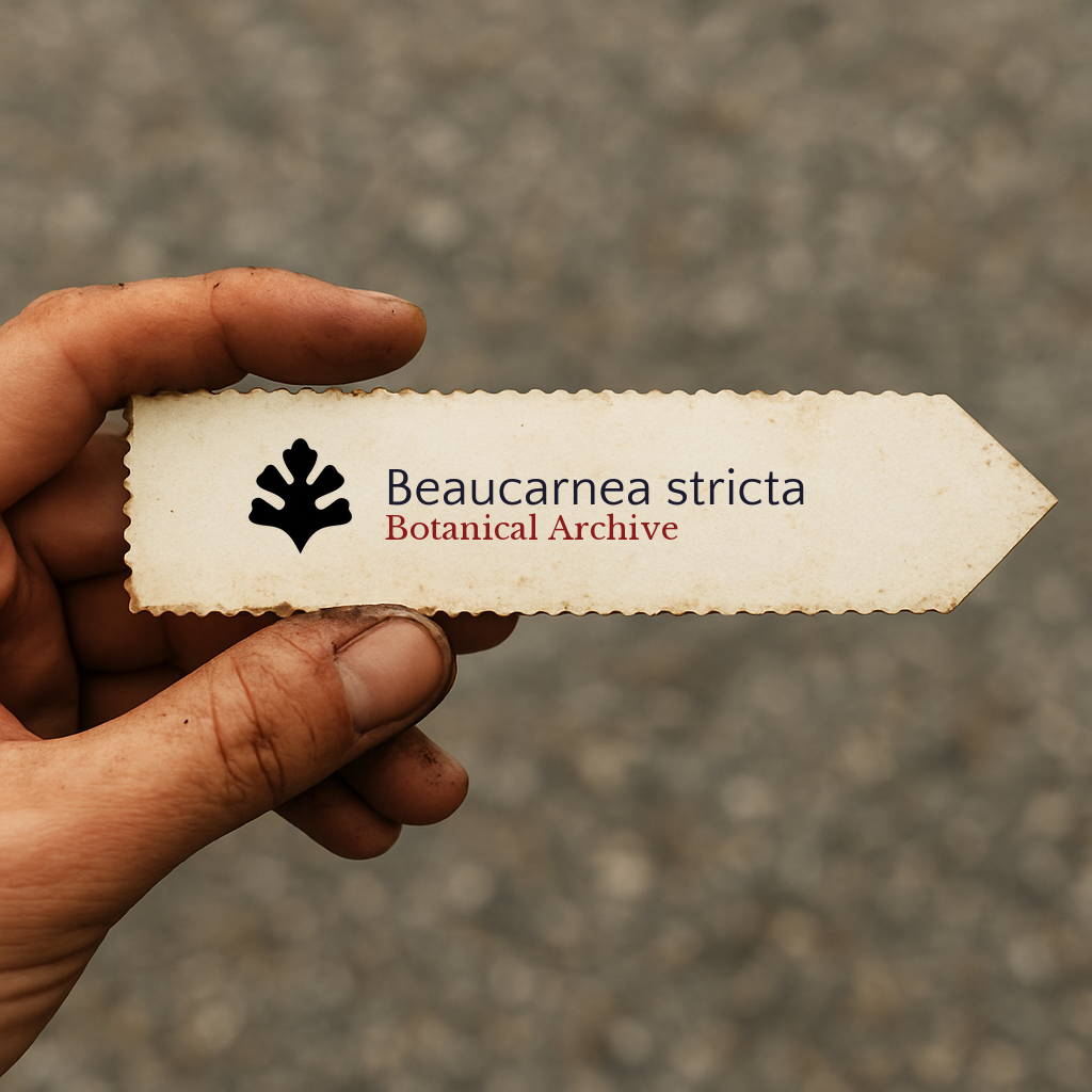 Etichetta per piante stampata per Beaucarnea stricta tenuta a mano con sfondo strutturato