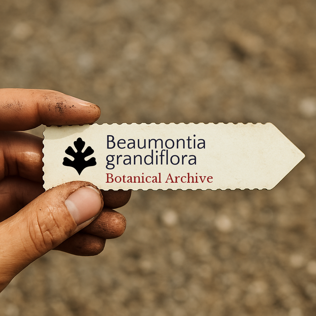 Etichetta per pianta stampata per Beaumontia grandiflora tenuta a mano con sfondo di terreno