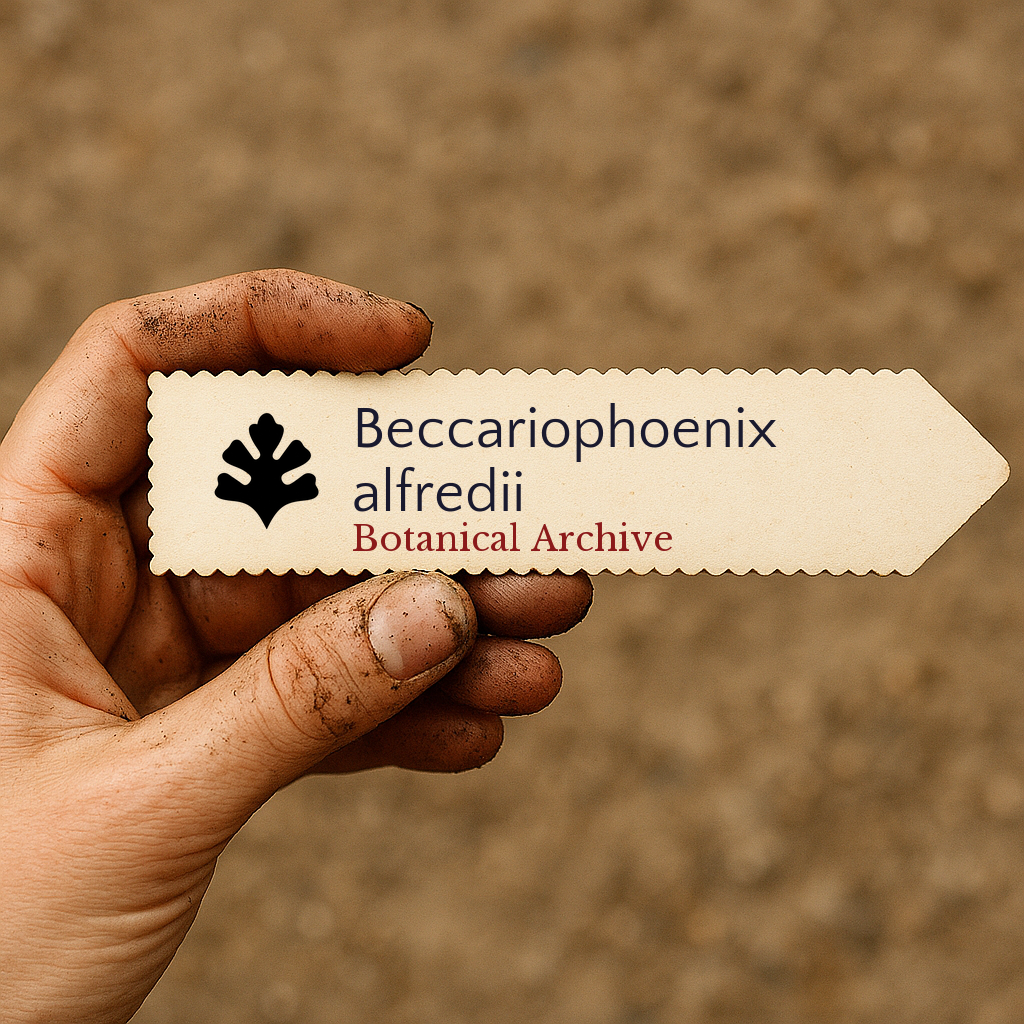 Printed plant label for Beccariophoenix alfredii held by a dirt-covered hand