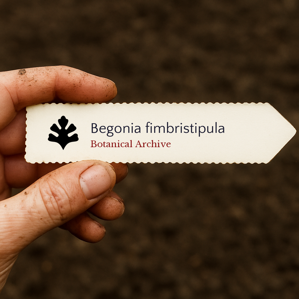 Etichetta stampata per pianta di Begonia fimbristipula tenuta da una mano sporca su sfondo di terreno