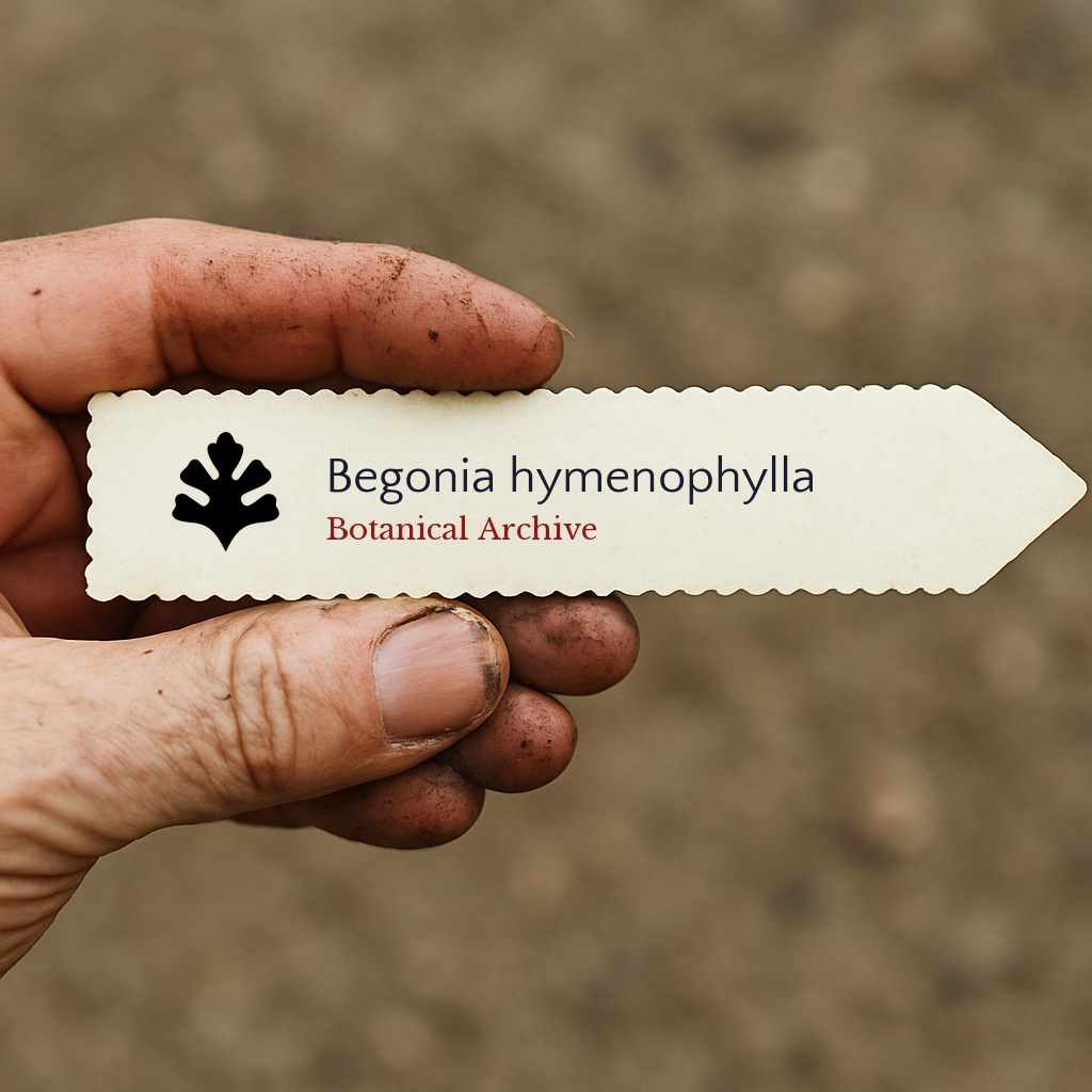 Etichetta vegetale stampata per Begonia hymenophylla tenuta da mano sporca all'aperto