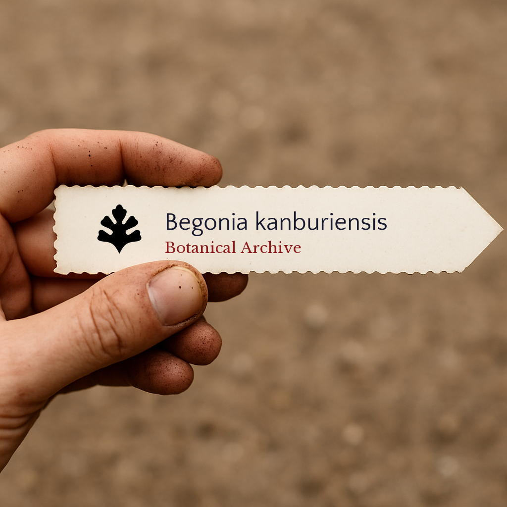 Printed plant label for Begonia kanburiensis held by dirty hand over soil background