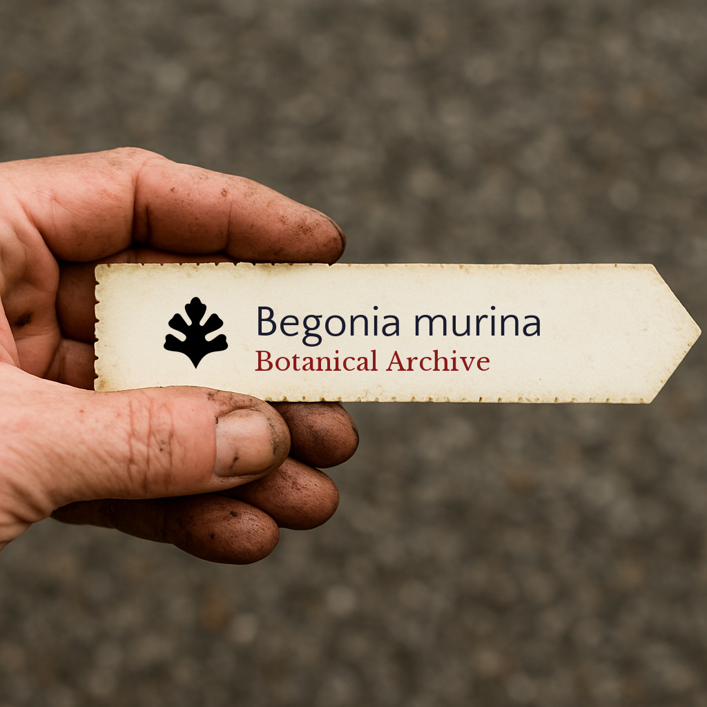 Printed plant label for Begonia murina held by dirty hand with blurred background