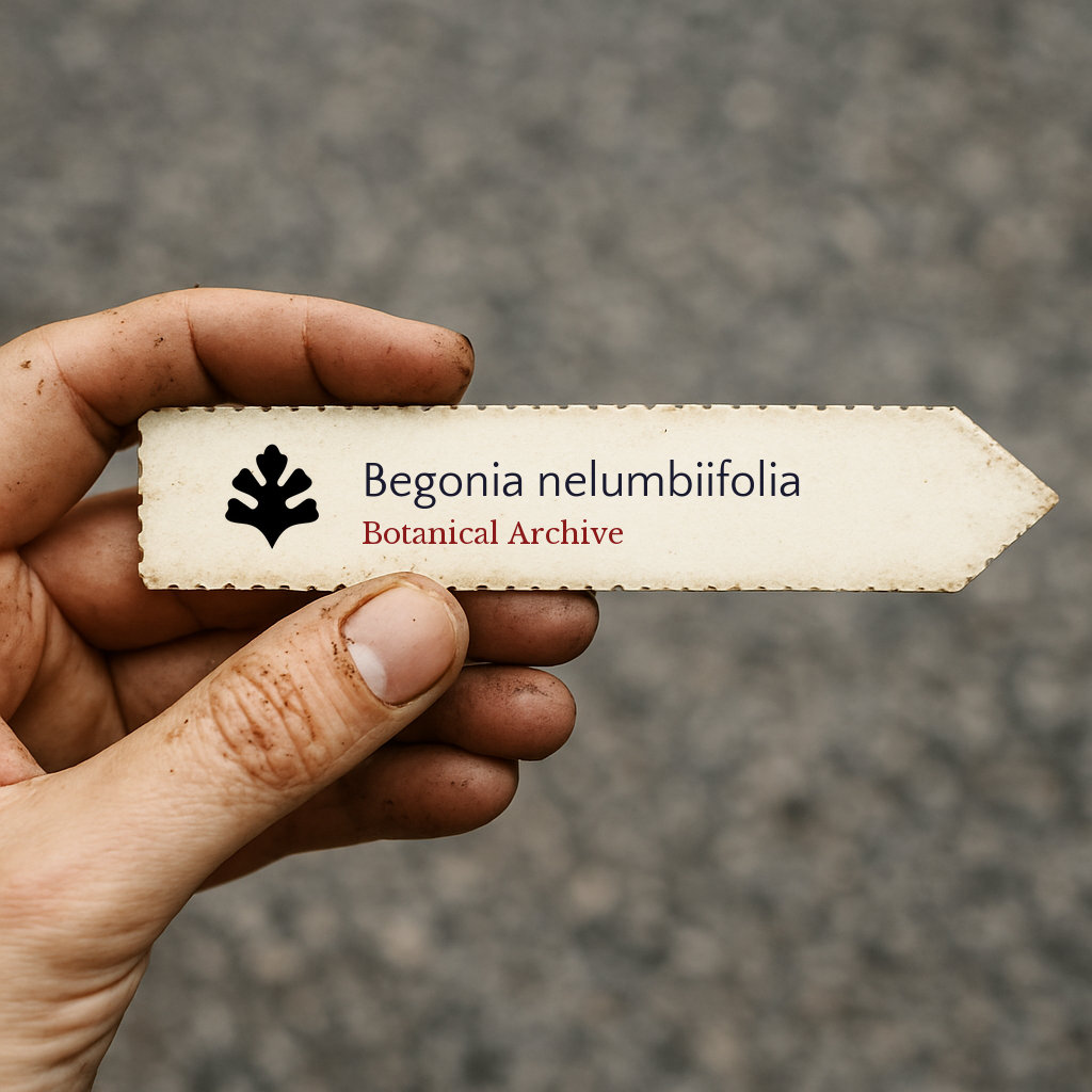 Etichetta per pianta stampata per Begonia nelumbiifolia tenuta a mano con terra sulle dita