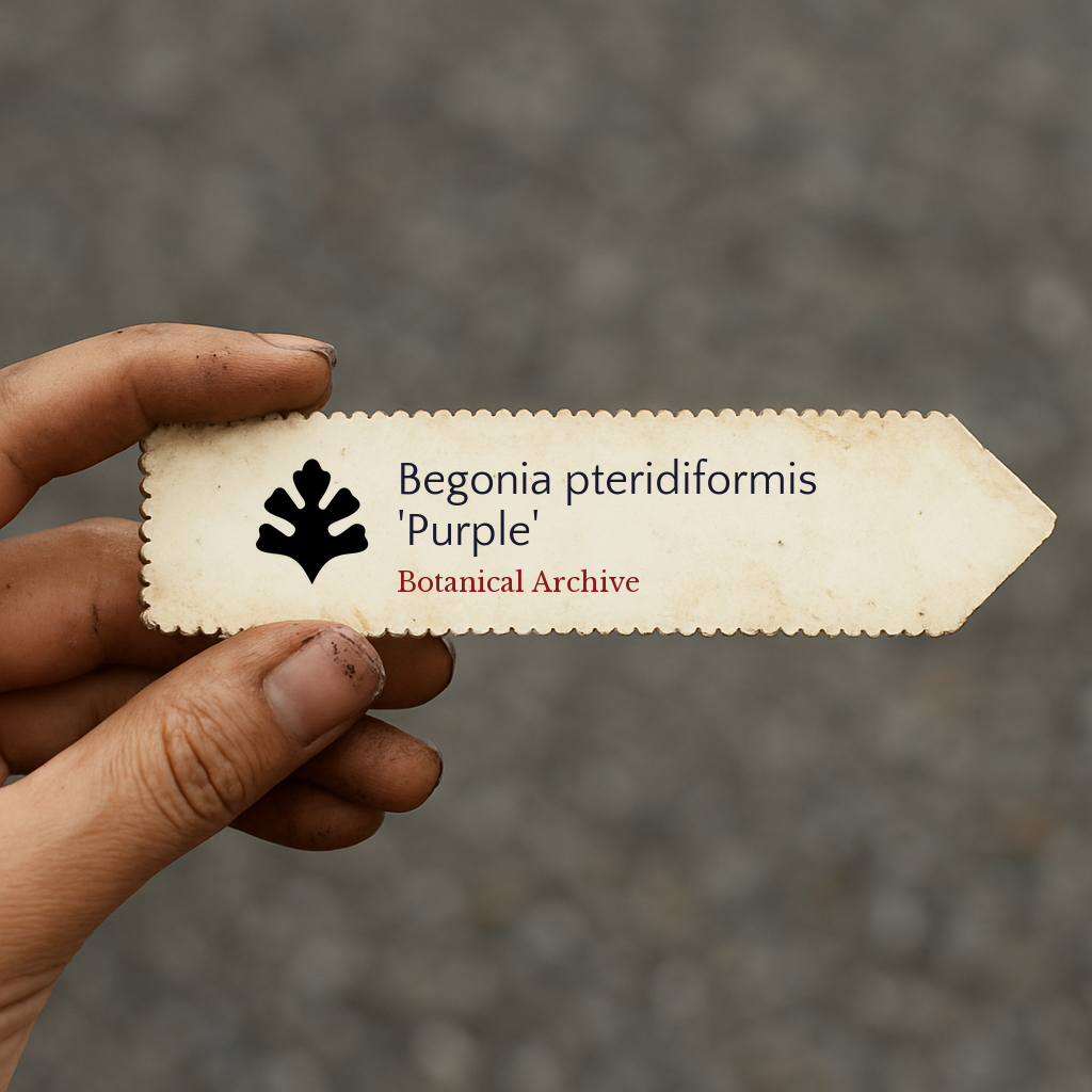 Printed plant label for Begonia pteridiformis 'Purple' held by hand with dirt-stained fingers
