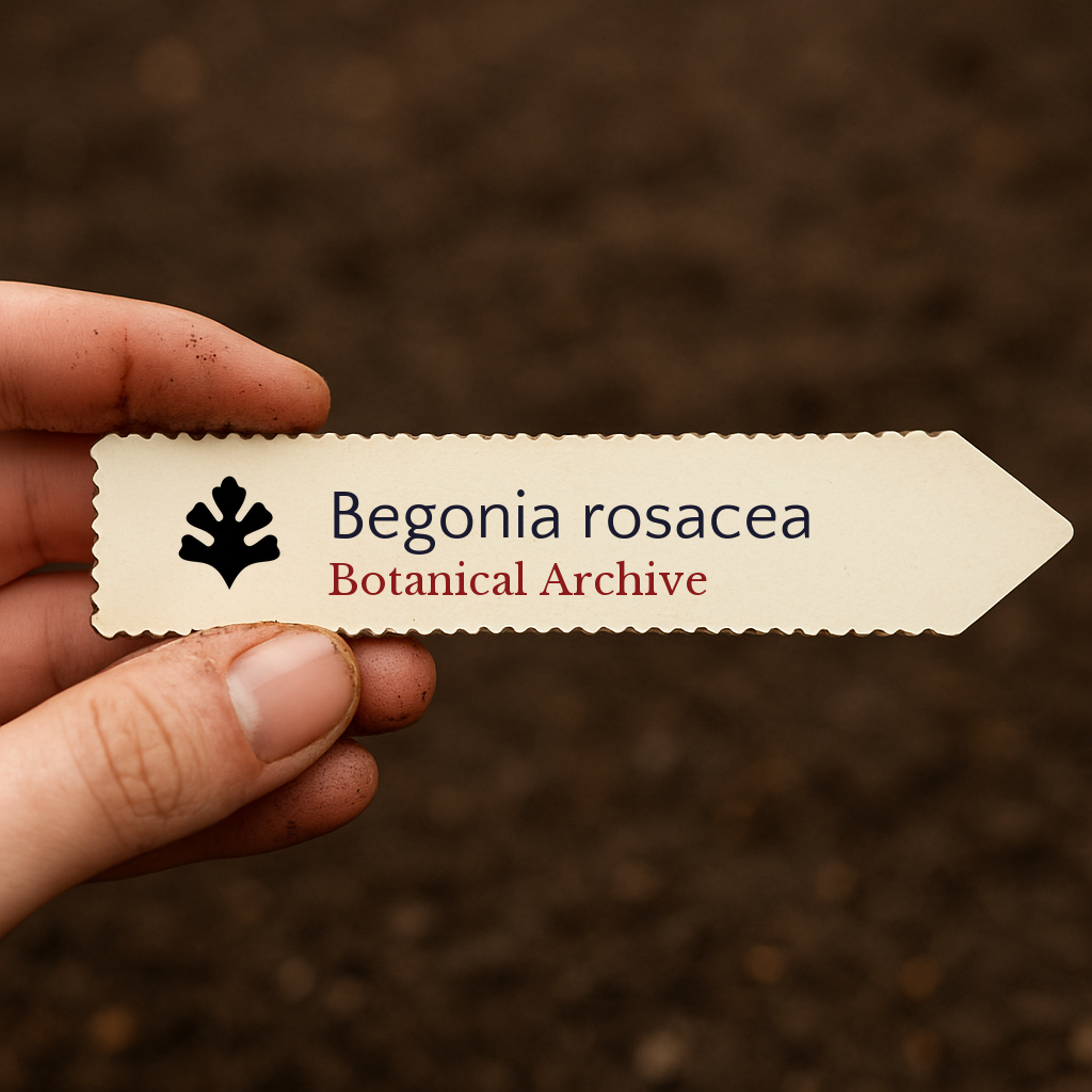 Printed plant label for Begonia rosacea held over soil background