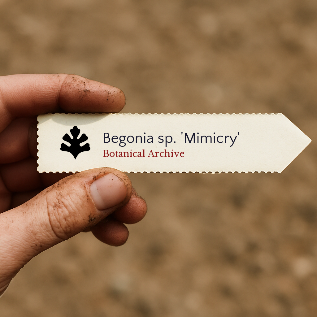 Printed plant label for Begonia sp. 'Mimicry' held by hand with soil background
