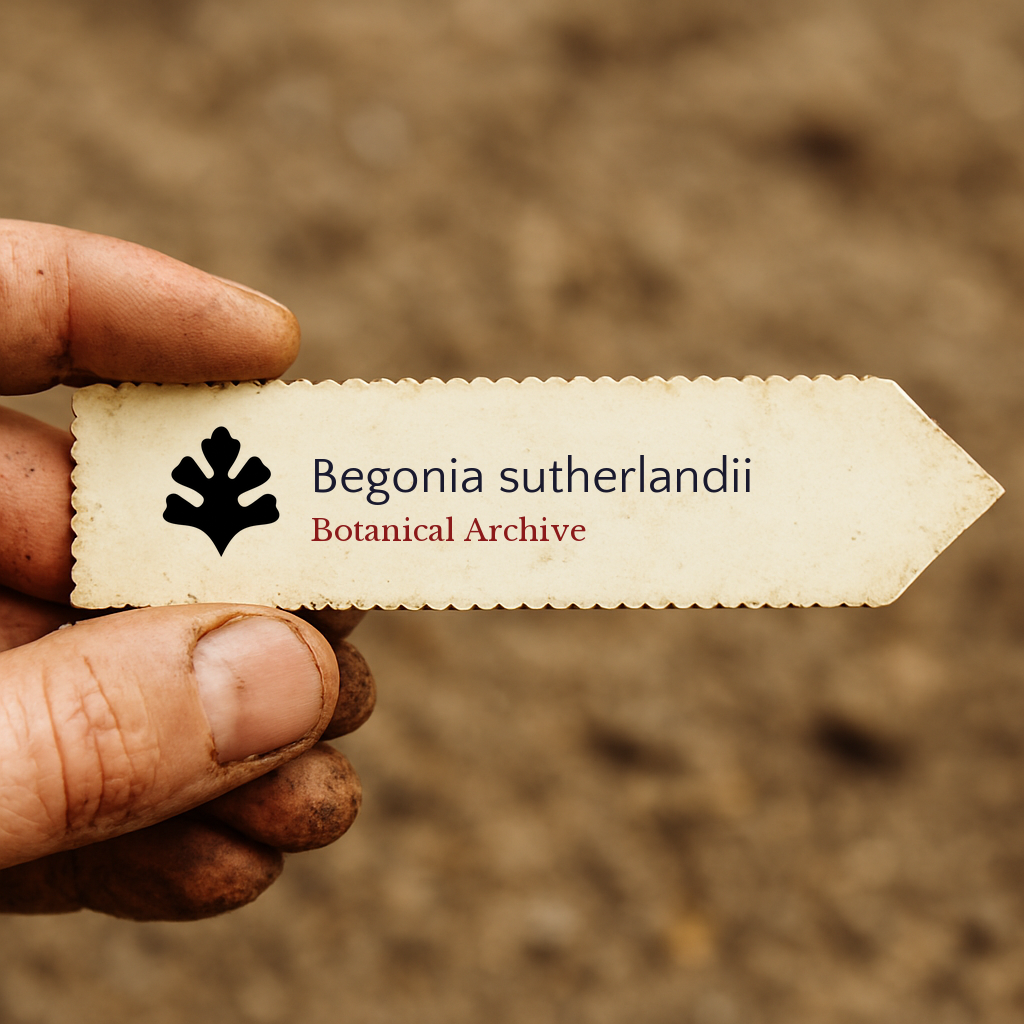 Printed plant label for Begonia sutherlandii held by hand with soil background