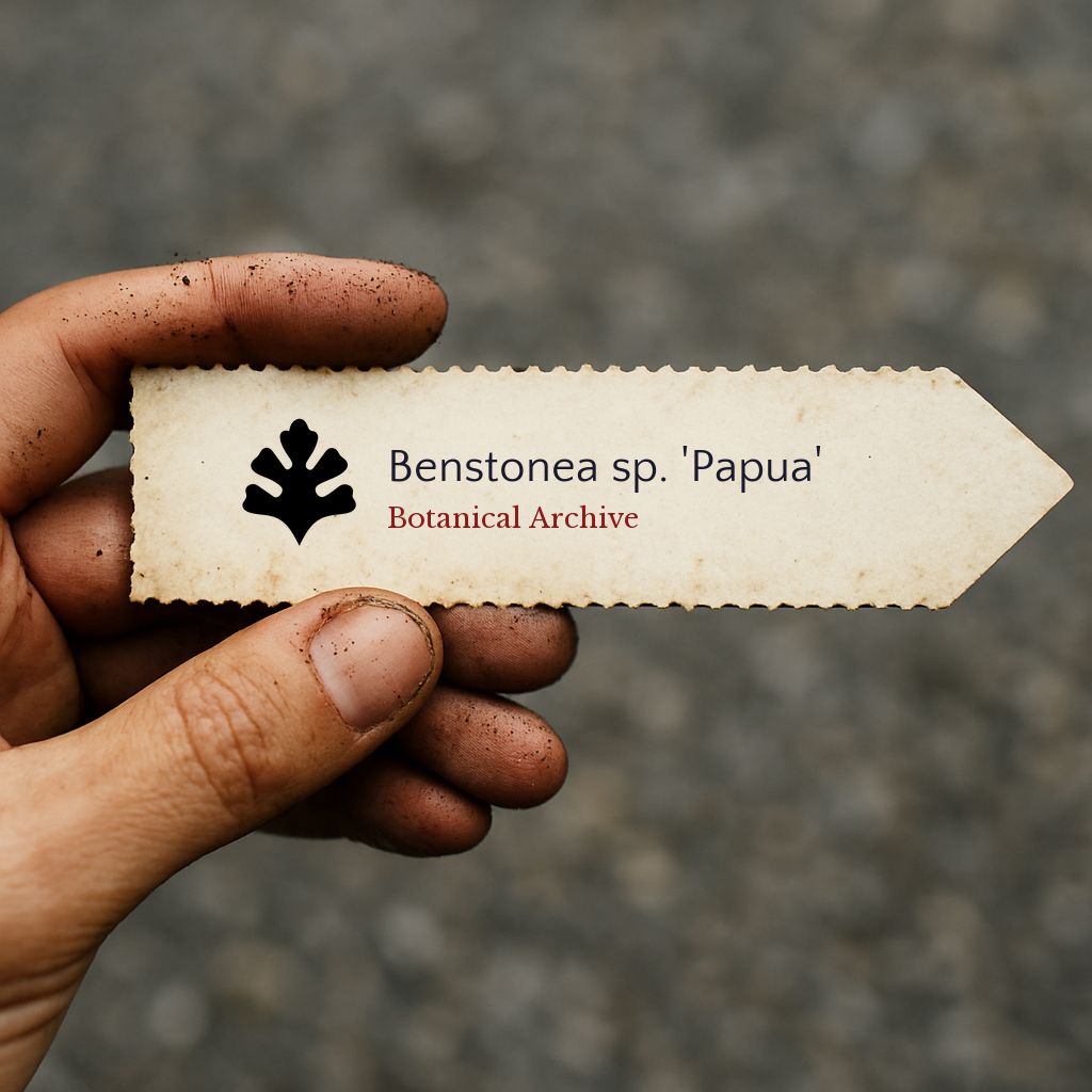 Printed plant label for Benstonea sp. 'Papua' held by hand with soil-stained fingers