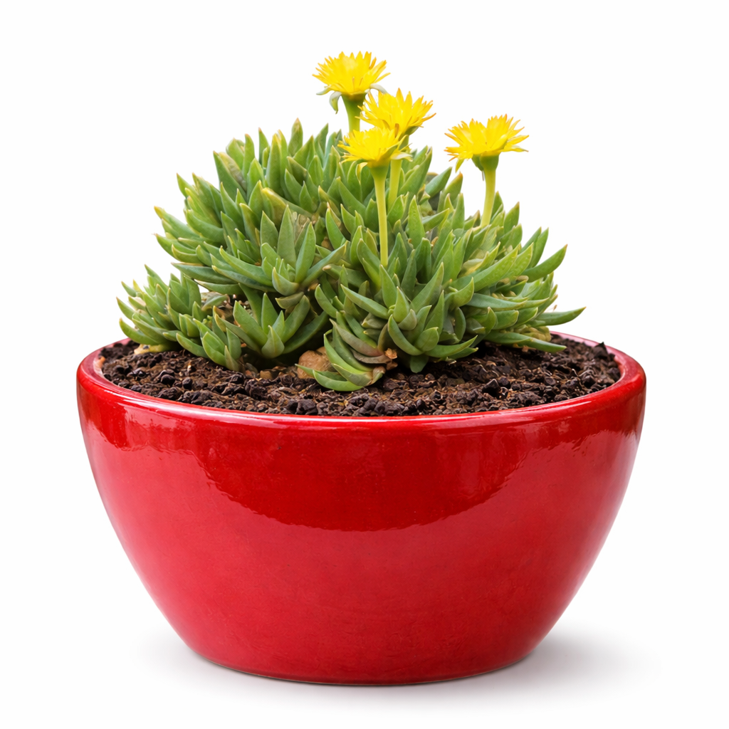 Bergeranthus jamesii succulent with green leaves and yellow flowers in red pot