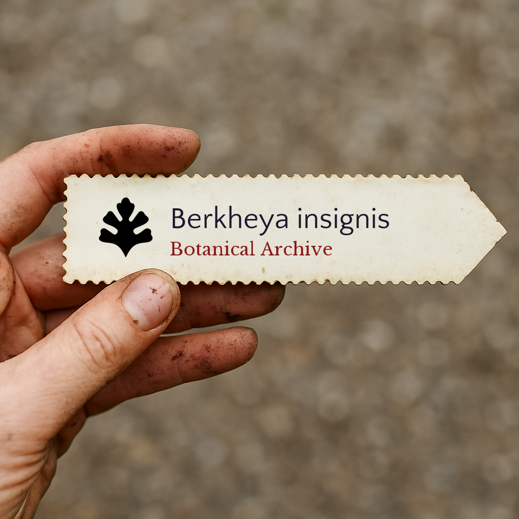 Printed plant label for Berkheya insignis held by dirty hand with blurred background