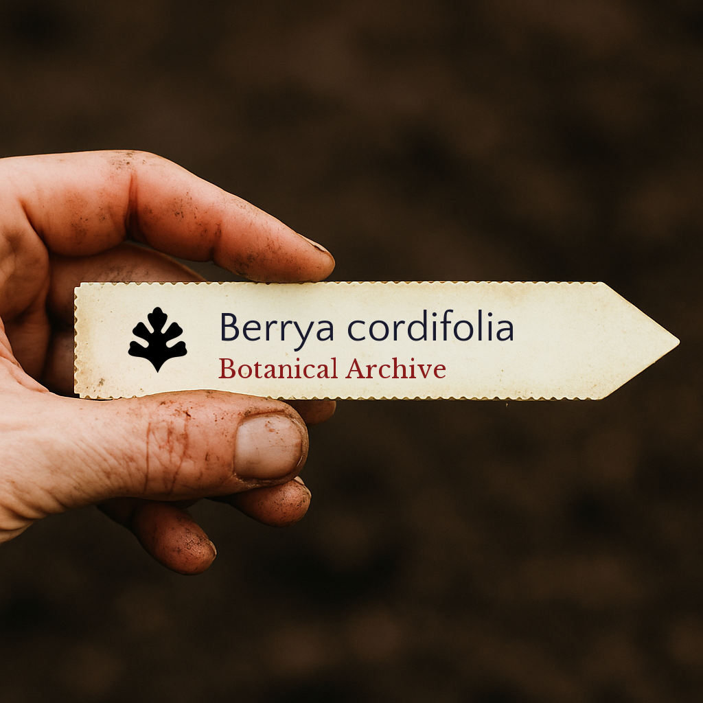 Printed plant label for Berrya cordifolia held by dirty hand over soil background