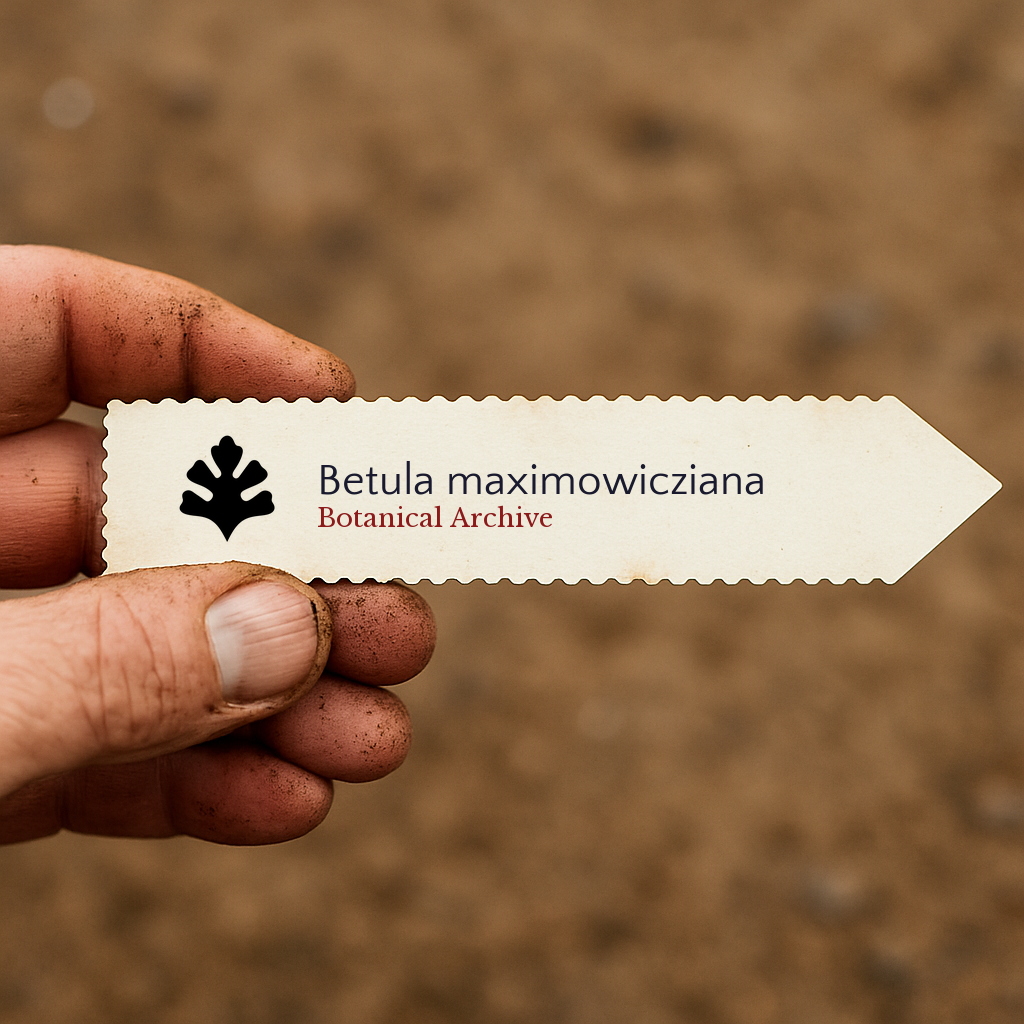 Etichetta per pianta stampata per Betula maximowicziana tenuta in mano su sfondo di terreno